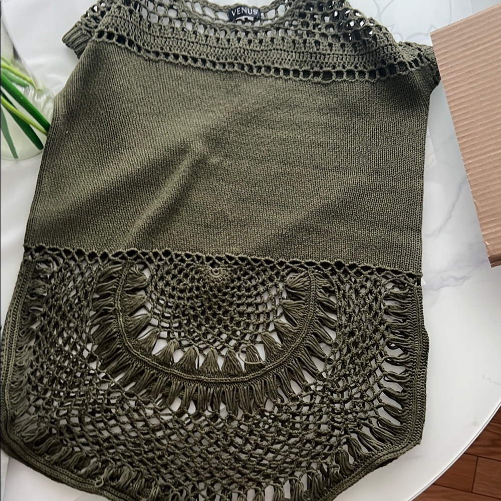 VENUS Dark Olive Crochet Knit Top